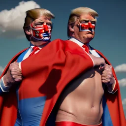 realistic image of donald trump as a mexican wrestling fighter posing outdoors, Mexican eyes wrestling mask, red and blue breeches, confederate flag cape, naked torso, retro style, 80s, vibrant color, highly detailed, sky background, concept art, unreal engine 5, god rays, ray tracing, RTX, lumen lighting, ultra detail, volumetric lighting, 3d, finely drawn, high definition, high resolution.