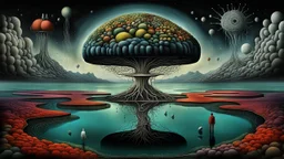 one alone human stands on deep dark colors little floating island. the island with alone human floatings over some four colors landscape . normal neurotipical lifes contrast the weird inner world with neurodivergens soul and mind,, Whimsical strange style of Chagall, of Bosch of giger and Anton Semenov. weird absurd beauty nightmare, in background neuronic network and landscape with cites and with many little humans on eart, Whimsical surreal vibe, cinematic