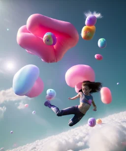 Ultra realistic speed clouds sky scene, wide angle view, sweet childs falling down, inflatable color clothing, free jumping flying, many trinkets, hair monster, many jelly beans, balls, color smoke, smile, happy, circus style, extreme, wind, clouds sea, 20,000 feet altitude, stratosphere, soft color, highly detailed, unreal engine 5, ray tracing, RTX, lumen lighting, ultra detail, volumetric lighting, 3d, finely drawn, high definition, high resolution.