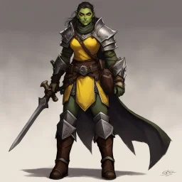 Griz the half-orc cleric with her leather boots. You recall her striking appearance: greenish skin marked with ritual scars, yellow eyes that burned with a rare intelligence. She was an outcast among her own kind, drawn to divine magic despite the taboos. Griz's yellow eyes follow your approach, her stance shifting subtly as you draw closer. The ritual scars on her arms pulse with a faint inner light.