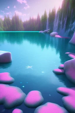 lac turquoise, rocher avec mousse, fleurs rose et blance, cascade, etoile filante, cristaux, vray