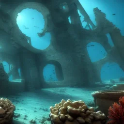 lost underwater city, Poseidon, highly detailed, cinematic, ultra photorealistic, ultra realistic, volumetric lighting, sun shafts, spectral, 4k, 8k, fish swimming around, murky, coral reef, shipwreck