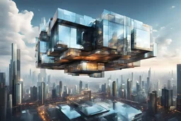 A square house suspended in the sky, modernist architecture with a reflective exterior, overlooking a bustling futuristic cityscape, the atmosphere filled with a sense of urban excitement and technological advancement, Architectural digital artwork, created using a combination of 3D modeling and digital painting techniques