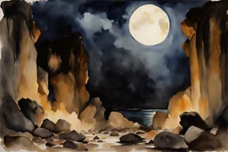 Night, rocks, gothic horror movies influence, mountains, epic, john singer sargent watercolor paintings