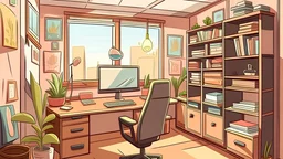 a tidy and cozy office in a cartoon style