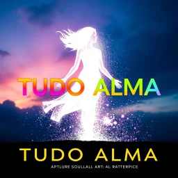 A masterpiece album cover with vibrant and dynamic design. The title 'TUDO ALMA' is prominently displayed in sleek colored typography that glows against the sky. The central image features a female silhuette totally white made of full light, their body dissolving into a particles of colorful and strong sound waves light, symbolizing the fusion of soul in all art. Surrounding the figure are particles of light, all pulsating with energy, creating a sense of movement and rhythm.