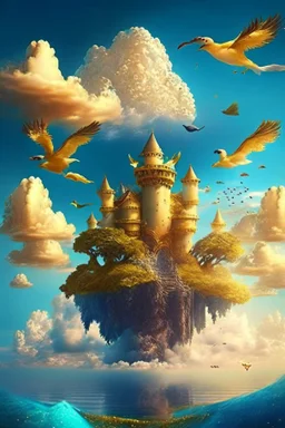 A golden castle in the middle of the sea surounded with the trees and big fruits , the clouds above and beautiful sky and birds ,The sea is fantastic...like paradise