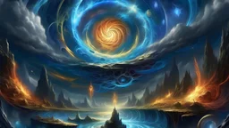 The Elemental Nexus At the center of a cosmic whirlwind, its vortexes connect to elemental realms, and the elemental lords hold court in a realm of eternal change.