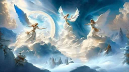 A majestic scene of angelic figures dancing gracefully in a heavenly landscape of snow and billowing clouds,in the Paradise Creation of Adam and Eve