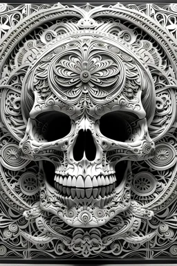 A skull-centric mandala artwork, where the skull's outline is filled with intricate geometric patterns, reminiscent of ancient tribal tattoos, the white canvas serving as a striking contrast, enhancing the intensity of the design, Sculpture, intricate clay modeling,