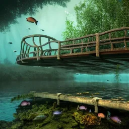 underwater scene with wood bridge, trees, forest submerged underwater, school of fish, 8k Resolution, Fine-Detail, High-Quality, Intricate, Detailed Matte, 3d Octane Render, Beautiful, Stunning, Brian Froud, Selina French, Howard Lyon, Greg Rutowski, Annie Dittman, Annie Stokes