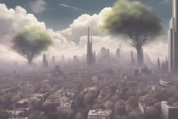 city, sci-fi, clouds, spring trees, people, gary numan influence