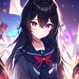 Clear focus, High resolution, Black long fluffy hair, purple eyes, wearing a sailor uniform, shattered rainbow in triagle formation,