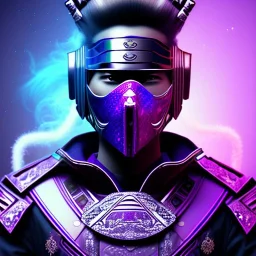 samurai purple masked villain in galaxy, teal and purple smoke, detailed, realistic, 4k