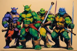 (Art by Brion Gysin), TMNT leonardo's katana, michelangelo's nunchaku, donatello's bo staff, raphael's sai, huile sur carton, 60 x 84 cm