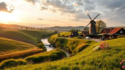 a lady dancing to camera in village over high grassy hills,a small fall and river and wild flowers at river sides, trees houses ,next to Ripe wheat ready for harvest farm,windmill ,an open air village fair ,a few village local shops ,cloudy sun set sky