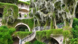 Gigantic mushroom village with balconies, archways, stairs, bridges, bushes, spanish moss, ivy, lake, a winding pathway through the middle