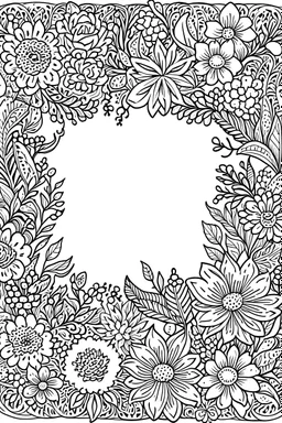 black and white wide beautiful frame made out of flowers for coloring pages, use a lot of big flowers in the frame, go all the way to the edges for the frame and leave a lot of space in the middle of the page, use only black and white, clear crisp outlines, no black background, go all the way to the outer edges of the page, use more space in the center of the page, make it rounder, use less shading, use more space in the center of the page, widen the frame, open up the frame