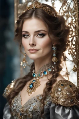 Full body photography cinematic colors of young woman, smiling, beautiful, shiny grey eyes, make up, Victorian Russian style, shiny baubles, ornate, large gemstones, shiny molten metalics, shiny wire filigree, brown hair, high definition,photography art