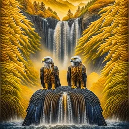 autumn portrait of psychedelic eagle couple on surfboard in waterfall, in the style of escher , 8k, down-light, soft light, depth of field, photo realism, trending on art station, high detail, smoke and fog