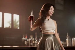 waving skirt , drinking bartenders girl pass From the side of friends, drunk and shaking her hair