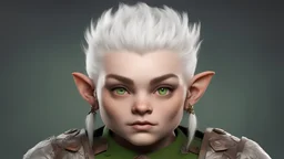 Female mountain dwarf. Her white hair is styled into a mohawk with intricate patterns shaved into the sides. She has fair skin with many freckles dotted across her cheeks and arms. The image she portrays is very typical of a dwarf - short and muscular with square features - however she always has a mischievous look upon her face, accentuated by her vibrant green eyes.