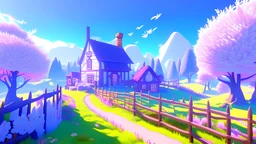 A simple and cute video game environment concept art of a small farm surrounded by nature, the farm has fantasy colours, cute fences,, crops, trees, bubbles, flowers, butterflies, fields, soft and simple, rendered in unreal engine, soft pastel colours, hues, blue, pink, purple, intriguing, peaceful and serene, 3D indie studio