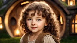 little young hobbit girl toddler, beautiful, confident, calm, wise, happy, innocent, facing camera, head and shoulders, curly hair, hobbit clothing, perfect eyes, LOTR village, hobbit homes with circular windows and circular doors, night scene, stars, fireflies, 16k artistic photography, exquisite composition, photorealistic concept art, soft natural volumetric light, chiaroscuro, award-winning photograph, masterpiece, style William-Adolphe Bouguereau