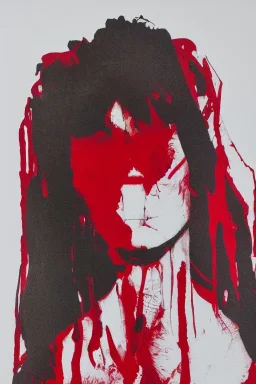 Line drawing, bright red ink on white paper, lady, facing forward, kneeling in an alleyway, bruised face and arms, torn clothing, hands raised in front of face face for protection, partially shrouded in shadows