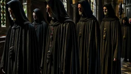 black robe hooded monks in the chapel