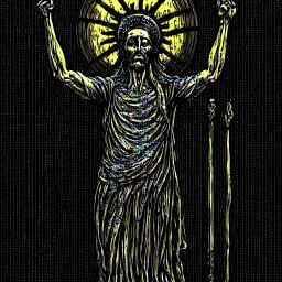 crucified christ liberty hybrid tone, woodcut, engraved, wall street journal style, statue of cruicified Jesus of Liberty with a beard and wearing a cross and hanging from a cross, The statue male, hyperdetailed intricately detailed photoillustration ink drawing dystopian 8k resolution entire body of the statue is in the picture. digital illustration telephoto lens photography , same colors as the us treasury's one dollar bill, crucified"