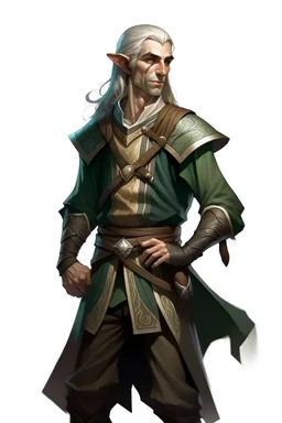 middle aged high elf ranger wearing medieval clothes with hands behind his back
