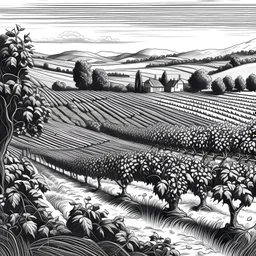 engraved of a vineyard Black and white