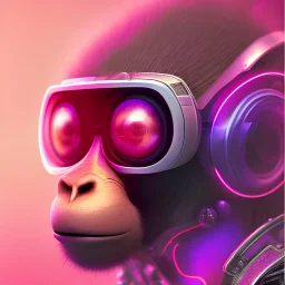 A beautiful portrait of a cyborg monkey purple neon color scheme, high key lighting, volumetric light high details psychedelic background