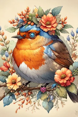 This enchanting, extremely detailed watercolor features a 3/4 closeup portrait of a vibrant Robin, adorned with flowers and a foliage crown, setting on a branch against a heavily textured beige background. nature and whimsy in a botanical style. The piece boasts warm orange and cool blue hues. .