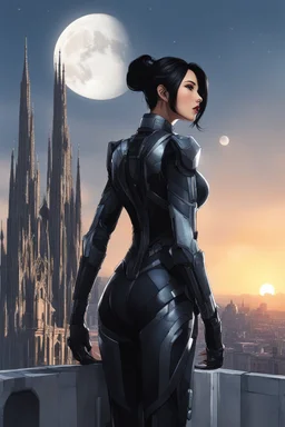 A slim Woman With Black Hair, Wearing an android-looking suit, standing sideways On a ledge of a building, with a waning moon Behind Her Head, towering spires and buildings highlighted by the setting sun