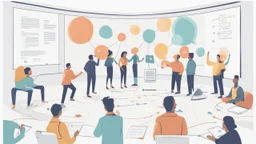 An image that conveys achieving success and skill development. The image depicts a group of individuals gathered in an inspiring teamwork session. They appear engaged in discussion and constructive exchange of ideas. In the background, a screen displays a chart or a conceptual map indicating various goals and pathways. Everyone appears enthusiastic and dedicated to collaborative work and continuous learning. The image reflects collaboration and a focus on achieving success through skill develop