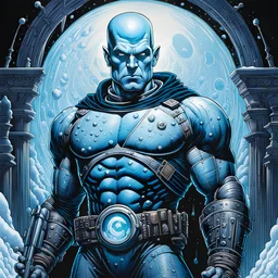 Full length portrait of Detective Comic's Mr Freeze by frank frazetta, by dan mumford, by akihito yoshida, coloured pencil, pop art, hyperrealism, realism, hyperdetailed, intricate, photography, concept art, shot on 70mm Panavision Panaflex using prime lens, incongruous, intricate, insane, insubordination, ingenious, inhospitable, injured, inertia