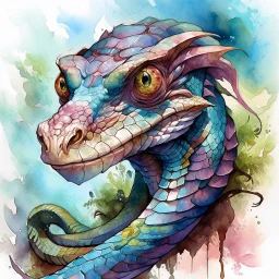 dnd, fantasy, watercolour, humongous strokes, stylistic, portrait, illustration, furry, snake , personable face