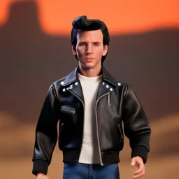 wide view young Plastic Fonzie with black hair greaser toy Action figure doll 1975 (thumbs-up) (face) Forehead grin, fonzarelli, jukebox background, eyes