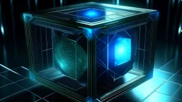 Cube tesseract from movie Loki. Located strictly in the middle of picture with space around it and with navy blue/green glow inside tesseract. Without surface on which it stay. Will be used for 404 error page.