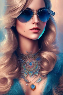 Retro-futuristic , detailed face. Beautiful woman. big retro sunglasses, body tattooed, Full body shot , highly detailed, hyper detailed painting, complex, 8K, HD