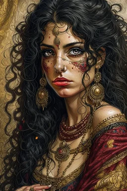 striking Romani woman with smoldering, kohl-rimmed brown eyes that seem to hold centuries of untold stories, her gaze both melancholic and magnetic. Her full lips part slightly as if whispering a half-remembered incantation, while a cascade of wild, raven-black curls tumbles over one shoulder, entwined with gold coins and crimson ribbons. The muted palette—burnt ochre, deep plum, and shadowy sepia—evokes Gustav Klimt’s gilded eroticism, but with Aubrey Beardsley’s sinuous, ink-like precision in