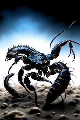 Black emperor Scorpio emblem on a burning landscape background With its Tail curled up behind his back ready to strike and from claws grasping under a storming sky with blue lightening striking around it