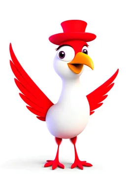 Animated bird standing. Wearing a red hat. With big white wings.