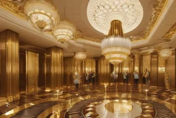 Inside an Art Deco Opera foyer, with mirrors and brass sconces, incandescent, gleaming, people in glittering extravagant costumes with feathers