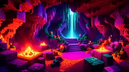 An amazing digital illustration of a Minecraft-inspired scene in an underground cavern in the Nether Dimension, art style by Mojang, cinematic, vibrant colors, colorful, meticulous, highly detailed, 8k, sharp focus, wide angle, a touch of photorealism, game art.