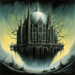 Cathedral of the boll Weevil, treacheries of an aging bladder, disasters. by stephen Gammell, by Michael Whelan, by Kay Sage, surreal horror, emotionally disturbing, sinister yet playful, vibrant colors, high contrast, Whelan's distinctive visceral horror style and detailed line work.