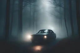 beard guy detective drives in a misty dark forest at night with strange light in the mist