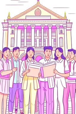 Ilustrasi beberapa sekelompok pemuda memegang salinan konstitusi Indonesia, dan berada di depan gedung konstitusi (ilustrasi warna pastel)